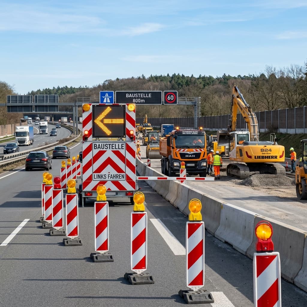 Autobahnbaustelle mit Verkehrsführung und Beschilderung