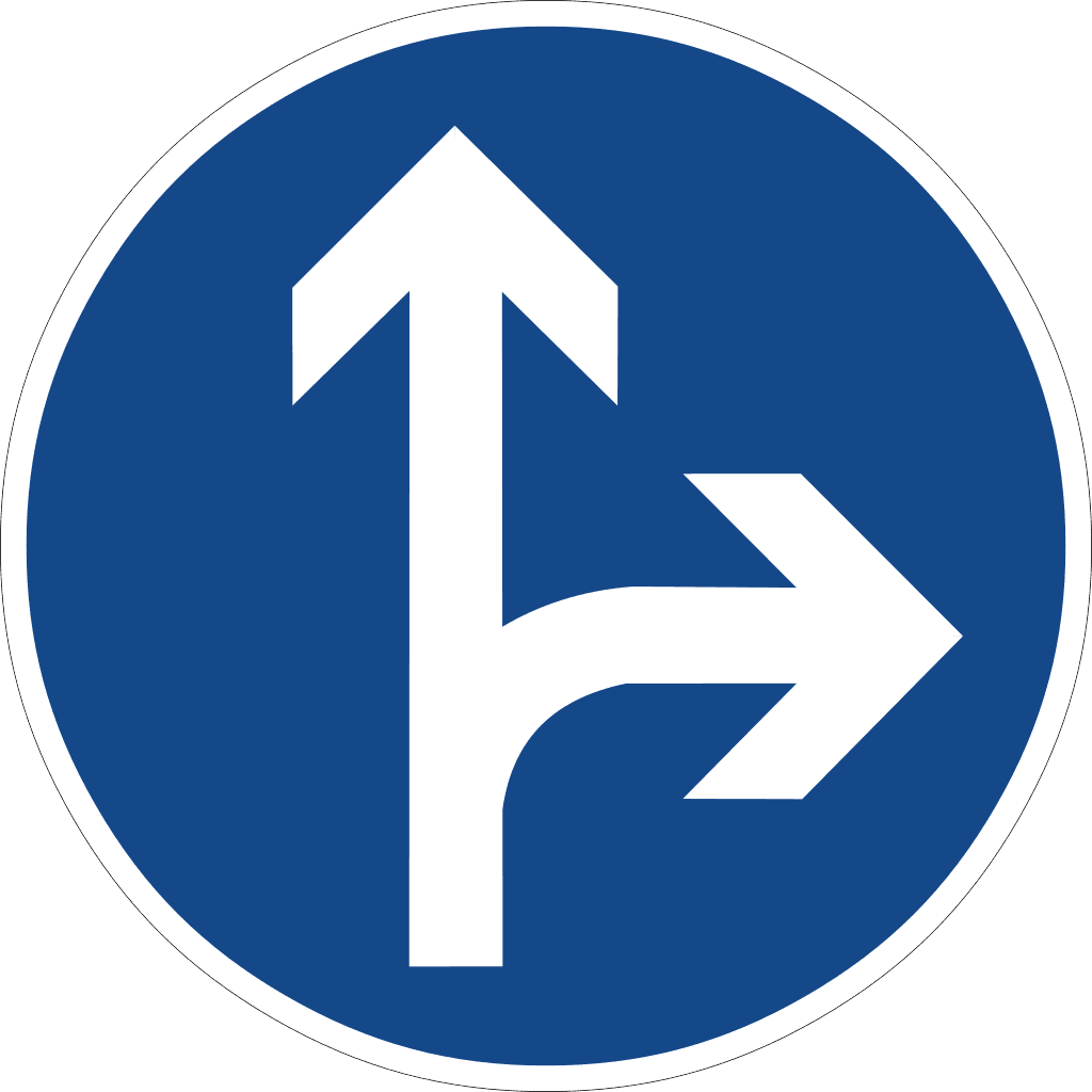 StVO Zeichen 214-20 — Vorgeschriebene Fahrtrichtung geradeaus und rechts